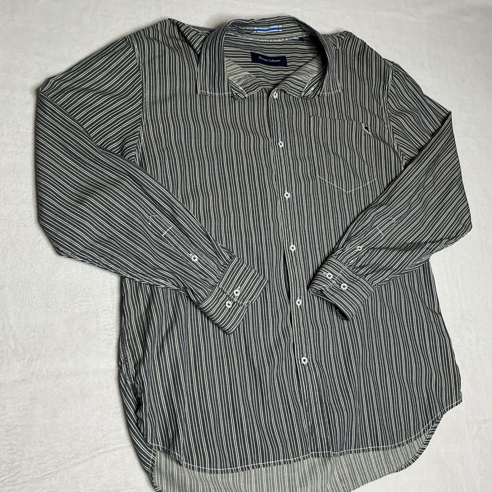 Tommy Bahama Mens XL Tall Striped Button Down Shirt Lyocell Cotton Long Sleeve